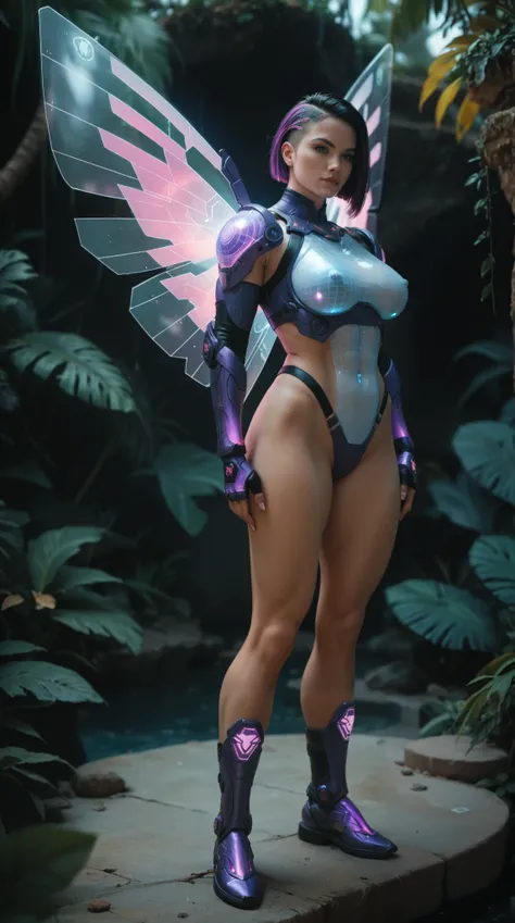 Sexy hybrid woman in very low cut and revealing battle armor, showing off her beautiful and muscular body. Neon purple glowing armor with futuristic design and holographic wings. Futuristic energy weapon glowing in hand, standing on a reef with tropical mo...