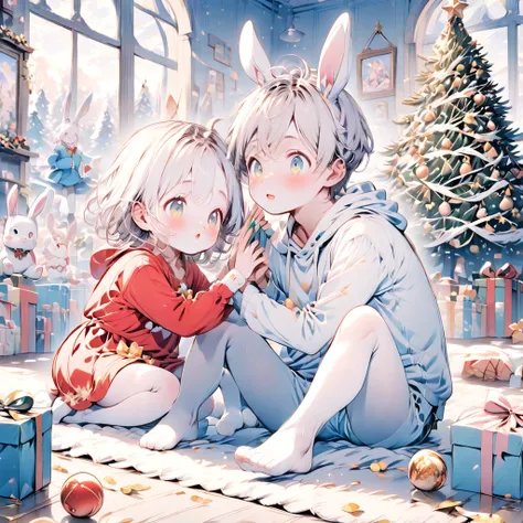  
a boy bunny and a girl bunny sitting on the floor surrounded by many gifts, christmas tree. The girl have a long white hair, wear a red dress. The bunny boy have a short white hair, wear a red hoodie, cute, ,Colored, light blush, pastel paletteA  with a ...