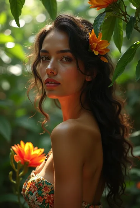  A Brazilian woman in a lush tropical garden, new,  with a close up capturing the harmonious beauty between her breasts and the natural flowers,  showing her natural charm and outgoing personality .