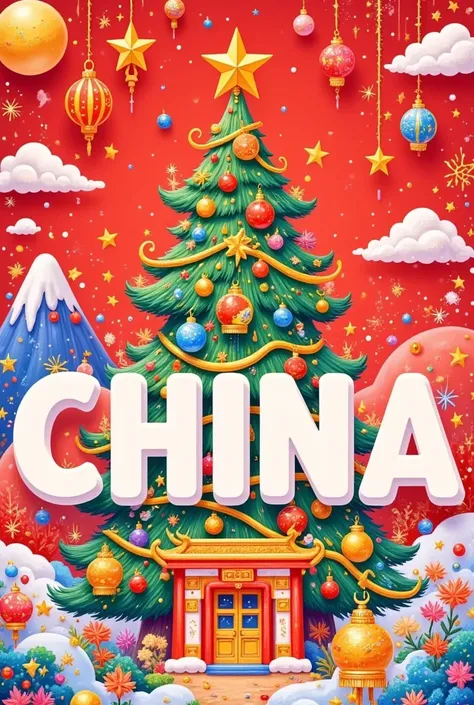 A poster with the word CHINA written on it, a red and gold gradient background, a huge Christmas tree in the background, a minimalist golden Chinese architectural design, fireworks effect, vector illustration style, flat composition, symmetrical layout, mi...