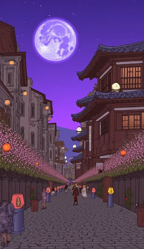 Different worlds in dreams with different physics, purple skies, very huge moons, quirky wooden buildings, Lanterns fishing under the eaves of the roof, stone lantern, retro-futurism, cherry blossoms in full bloom, wisteria in full bloom, strange creatures...