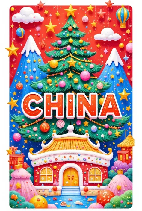 A poster with the word CHINA written on it, a red and gold gradient background, a huge Christmas tree in the background, a minimalist golden Chinese architectural design, fireworks effect, vector illustration style, flat composition, symmetrical layout, mi...