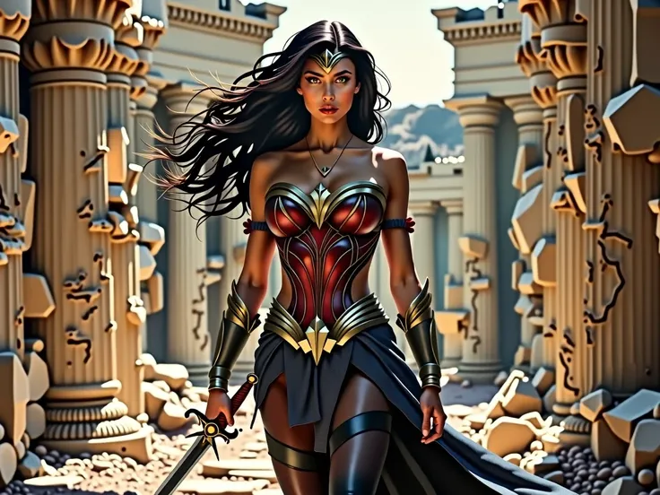 Beautiful European with black pantyhose on long legs looking like wonder woman in her armor and boots, wearing one sword and golden necklace, fighting a battle inside ancient temple ruins