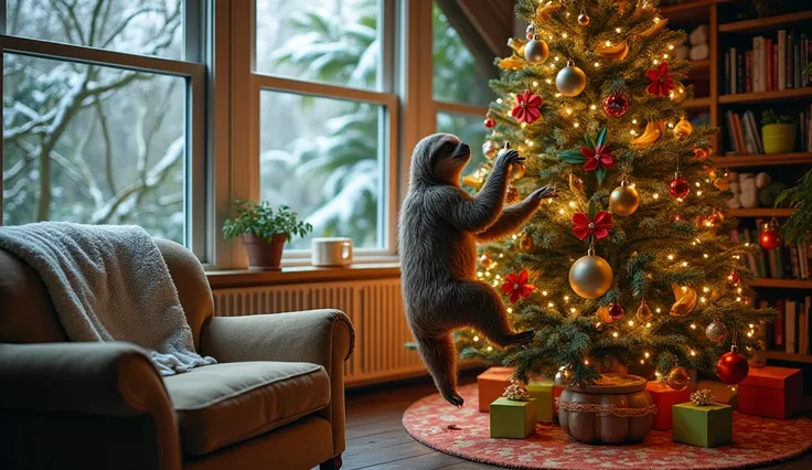 Type of Animal:
Sloth

Specific Activity:
Hanging ornaments on a Christmas tree (very slowly)

Room & Decorations:
A tropical-themed room with a Christmas tree decorated with bright tropical flowers, bananas, and colorful lights. The sloth is hanging upsid...