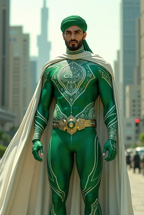  Draw a superhero costume for Muslims. Green Get White Colors 