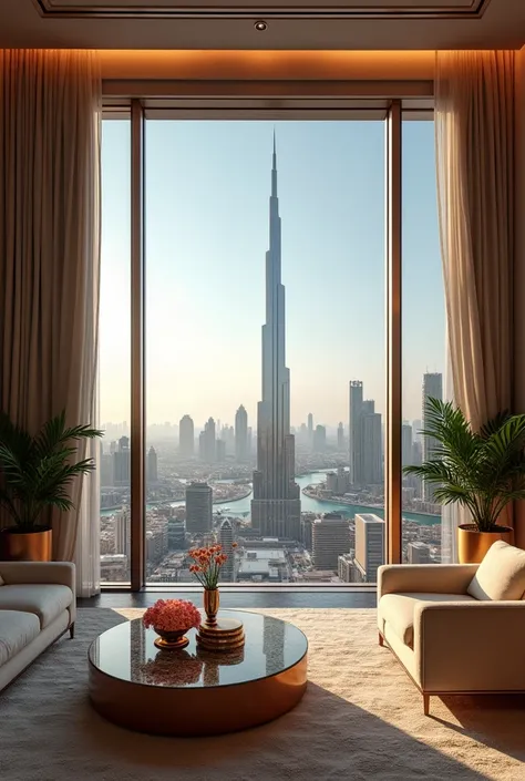 image of a high-end penthouse in dubai, overlooking the city skyline with a view of the burj khalifa.