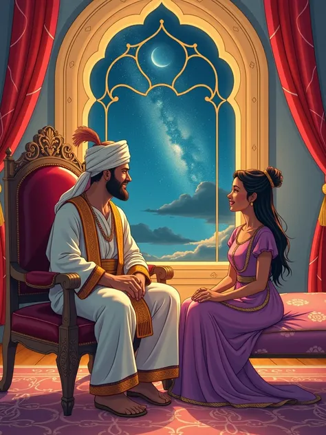 Draw a vivid scene depicting a figure of a sultan in traditional Middle Eastern dress, wearing a turban on his head, sitting on an ornate kingly throne. The man listens to the woman in amazement and love. An elegantly dressed woman in Middle Eastern clothe...