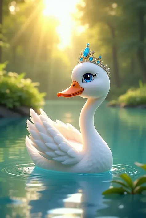 Scene 1: The Swan by the Lake
"A serene lakeside setting during a calm morning, featuring a cute white swan with sparkling blue eyes wearing a delicate, jeweled crown. The swan gracefully glides on the crystal-clear water, surrounded by lush greenery and s...