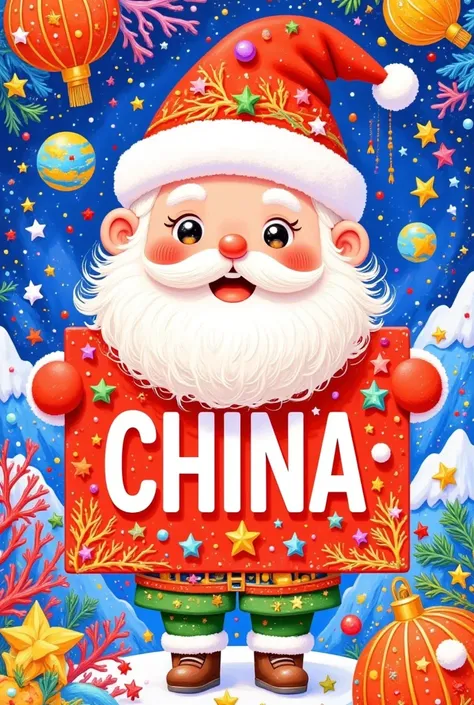 A poster with the word CHINA written on it, a red and gold gradient background, a huge Christmas tree in the background, a minimalist golden Chinese architectural design, fireworks effect, vector illustration style, flat composition, symmetrical layout, mi...