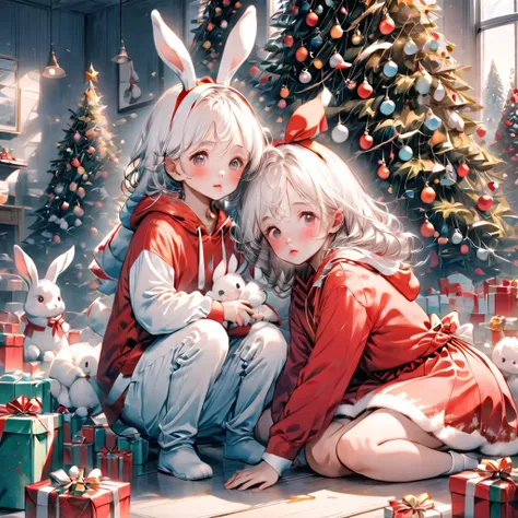  
a boy bunny and a girl bunny sitting on the floor surrounded by many gifts, christmas tree. The girl have a long white hair, wear a red dress. The bunny boy have a short white hair, wear a red hoodie, ,Colored, light blush, pastel paletteA  with a lot of...