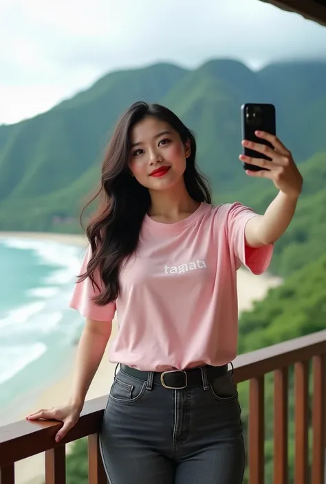 face facing the camera,a 40 year old Chinese woman,perfect long and very wavy hair,perfect make up,red lips,sexy and plump body,perfect breasts,wearing a soft light pink small t shirt it blue says "Mita Mrt" a long dark gray jeans  fitting and black belt,s...