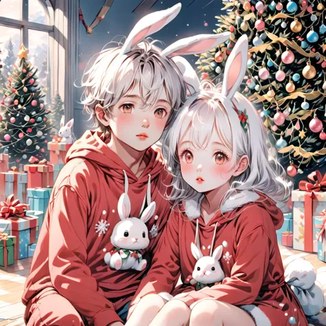  
a boy bunny and a girl bunny sitting on the floor surrounded by many gifts, christmas tree. The girl have a long white hair, wear a red dress. The bunny boy have a short white hair, wear a red hoodie, ,Colored, light blush, pastel paletteA  with a lot of...