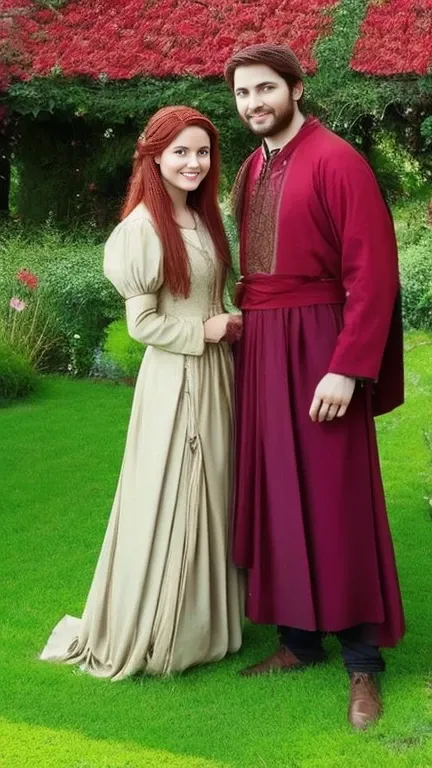 A light brown man and a red-haired woman dressed in medieval clothes posing for a painting, like a medieval fantasy character, in a garden