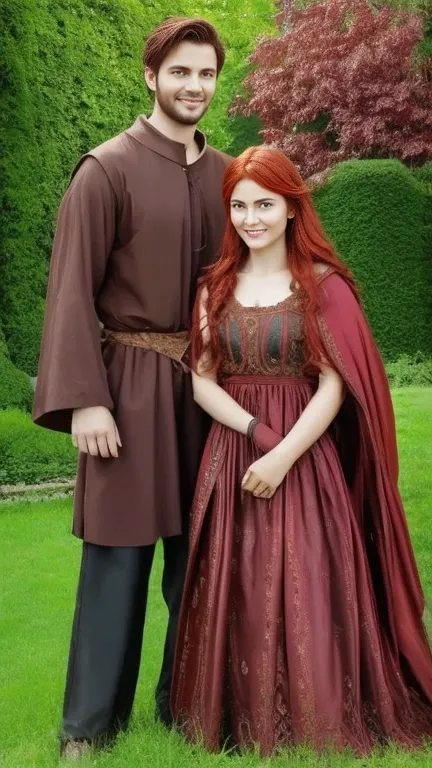 A light brown man and a red-haired woman dressed in medieval clothes posing for a painting, like a medieval fantasy character, in a garden