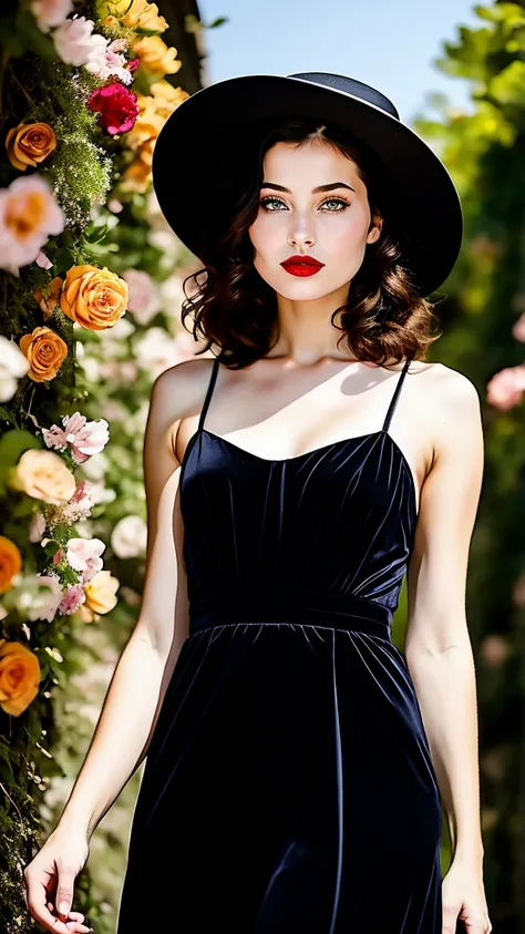  a breathtaking masterpiece of a woman standing gracefully in a long, flowing red dress. The dress is detailed and elegant, featuring a modest neckline that enhances her beauty while maintaining an air of sophistication. She wears a wide-brimmed black hat,...