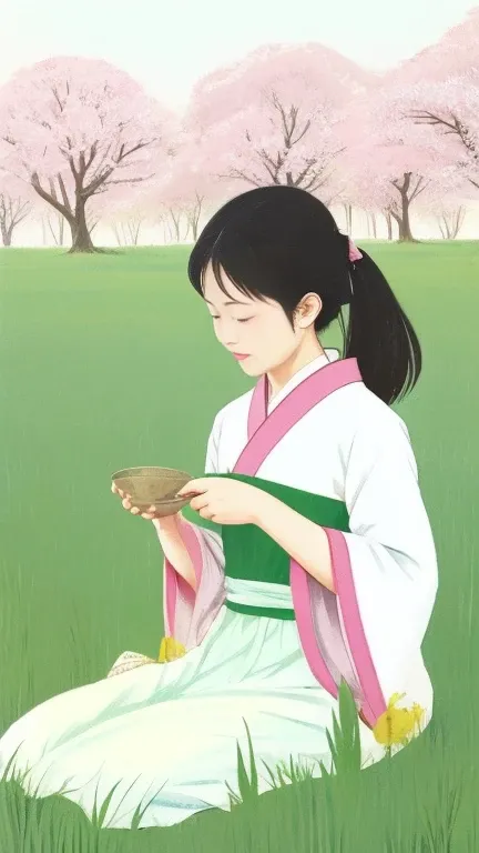 Fairy tale illustration by Reiko Ikemura, pixabay, simple art, full color illustration, cute fairy tale illustration, picture book illustration, illustration, girl picking tea in the style of Hayao Miyazaki, in the field, kimono, kimono  