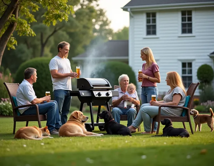 Realistic photograph of a family of five adults and one toddler gathered in the backyard of a suburban white house. The two men, one older with dark blonde hair with some white hairs and a mustache and one young adult with a light brown beard, are standing...