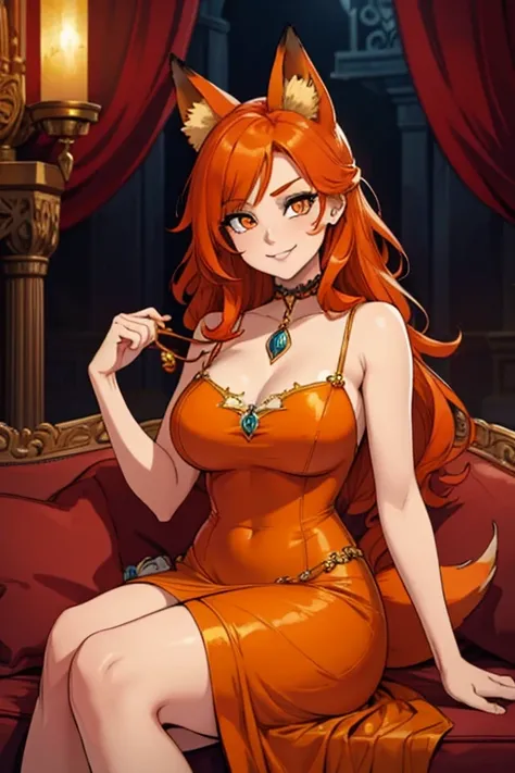 Perfect face. Perfect hands. An orange haired woman with copper eyes and an hourglass figure with orange fox ears and an orange fox tail in a golden ballgown is smiling while sitting in a Gothic ballroom
