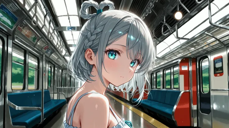 1 Girl, Solo, casual clothing, summer clothing, short hair, top knot hair, grey hair, braided side bangs, asymmetrical bangs, left bang longer than right, turquoise eyes, human, cute pose, front facing, front view, looking at viewer, full body, full body p...