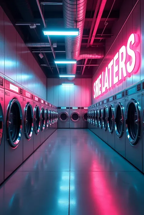 Design a large commercial laundry room where the walls are metallized and there is a large neon sign 