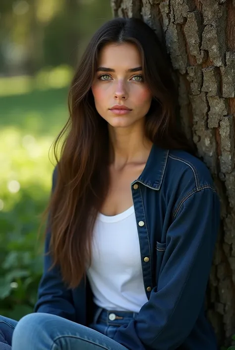 [Photorealistic, Maximum quality, Highest resolution] A girl sitting against a tree, wearing a white t-shirt with a dark blue shirt open on top, long straight dark brown hair, light green eyes, full lips, jeans, studio lighting, closeup portrait  