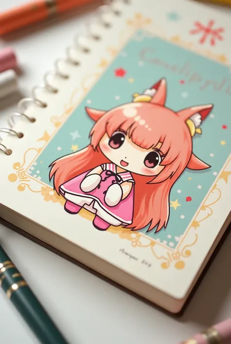 a close up of a notebook with a cartoon character on it, a pastel inspired by Pu Hua, instagram, sōsaku hanga, bao pnan, ayami koj ima, ruan jia beautiful!, kawaai, ayami, japanese kawaii style, miko, manga and anime 2010, loli, kawaii japanese style