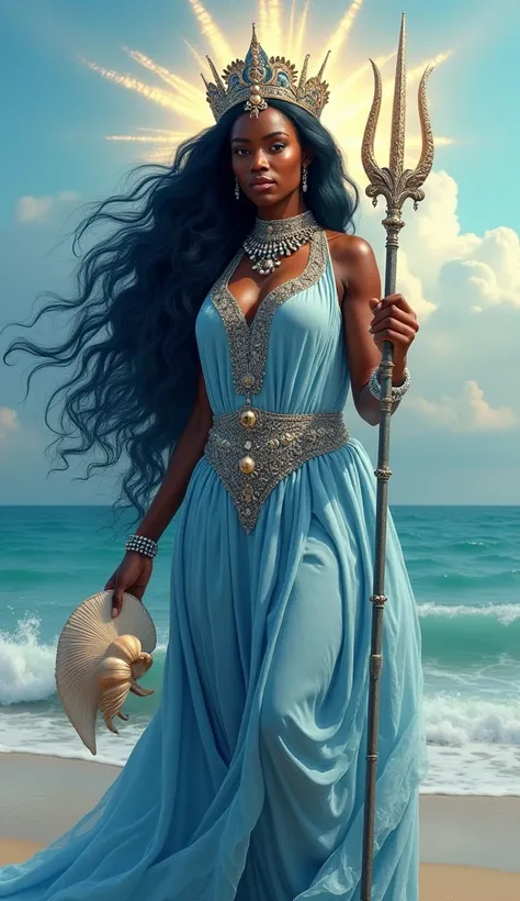 Create a highly detailed and ultra-realistic depiction of Iemanjá, the Orisha of the sea, motherhood, and fertility, standing in a serene and majestic full-body pose. Iemanjá is depicted as a beautiful, mature Black woman with flowing, wavy blue-black hair...