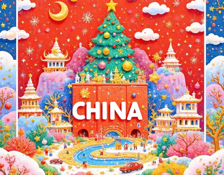 A poster with the word CHINA written on it, a red and gold gradient background, a huge Christmas tree in the background, a minimalist golden Chinese architectural design, fireworks effect, vector illustration style, flat composition, symmetrical layout, mi...