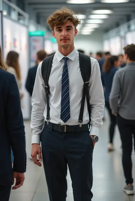  They took a picture of me exhibiting at university .  I was wearing a semiformal shirt and tie with sneakers.  Im a 19-year-old man , with messy short wavy hair, tall athletic build ,  dental student ..