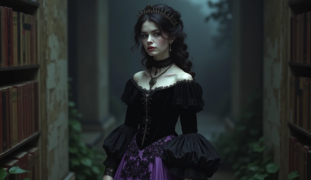  Victorian-era princess all dressed in black and purple, melancholic atmosphere ,  high definition  , 4K