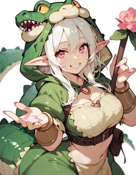 Elf Girl ,White hair,In pink eyes ,PUT ON A CROCODILE COSTUME,,Green Hood , crocodile cosplay, Smiling