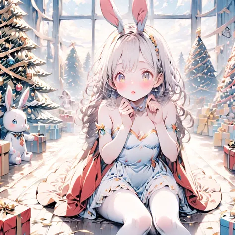  
a boy bunny and a girl bunny sitting on the floor surrounded by many gifts, christmas tree. The girl have a long white hair, wear a white dress. The bunny boy have a short white hair, wear a red suit, ,Colored, light blush, pastel paletteA  with a lot of...