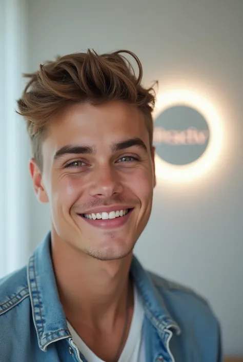 image of justin bieber promoting proactiv skincare products, with glowing skin and the brand logo prominently displayed. with the proactiv logo  in the background wall