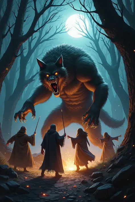 A werewolf savagely attacking wizards in a night forest