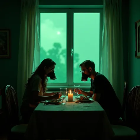 People take care of each other, on a dinning room . Outside, a green light enters through the window, because of a cloud of spores that rains over the shelter. People wearing gas masks and protection.
