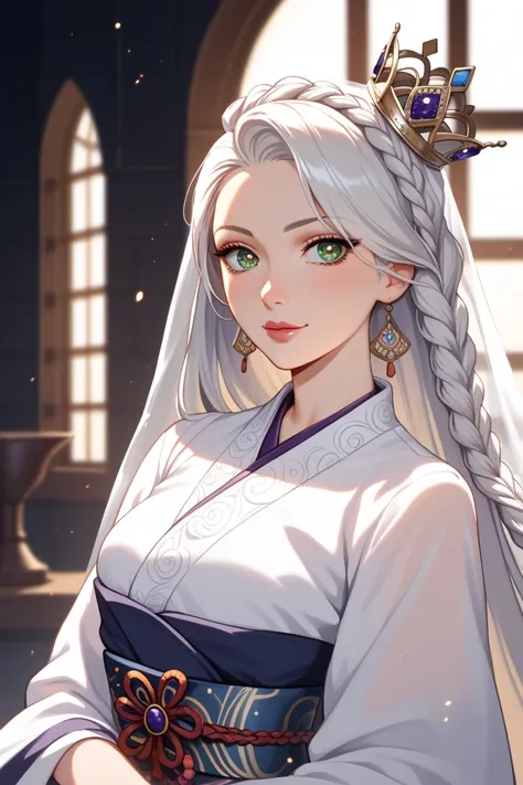 A girl from the anime Naruto from the studio Pierrot , beautiful, perfecta,  Artwork ,  curvilinear ,  white hair tied in a Rapunzel style braid and bangs,   eyes without pupils hyuga lilas .  off-white kimono ,  elegant silver band-shaped crown , thick bl...