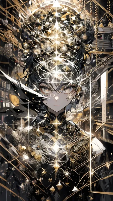 Stylish anime portrait, young man, short dark hair, light-gray eyes, sophisticated dark-colored outfit, intricate metallic geometric patterns, high-detail painterly style, metallic silver and gray coat with intricate design elements, dramatic circular halo...