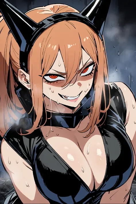 Power from the anime chainsaw man with big boobs wearing a sexy dominatrix suit and and looking to the camera with a naughty face and heavy breathing and sweating from hot