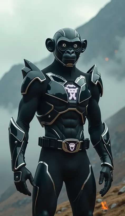 A hyper-realistic, cinematic image of a humanoid hybrid created from the fusion of a Black Power Ranger and a monkey. The hybrid features sleek black armor infused with silver accents and monkey-like agility in its design. Its arms are enhanced with muscul...