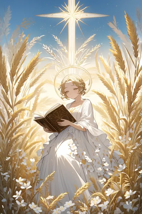  Virgo
An angelic figure in a white dress ,  surrounded by flowers and holding an ancient book .  The background is a wheat field illuminated by a clear sky. It represents purity and wisdom .