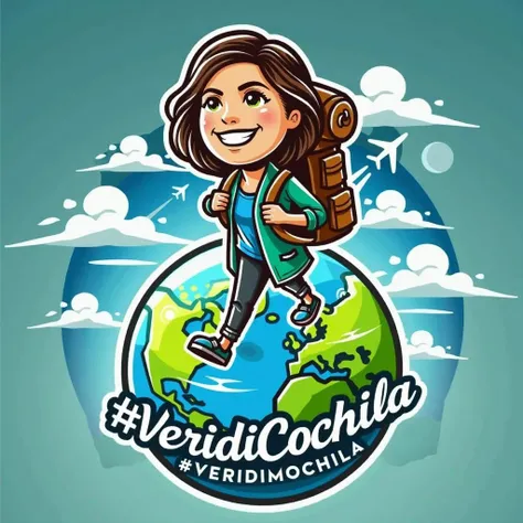  Logo design with a caricature of a woman walking on top of planet Earth, using a travel backpack ,  cartoon in perspective , looking forward smiling happily, com hastag #veridibackpack 