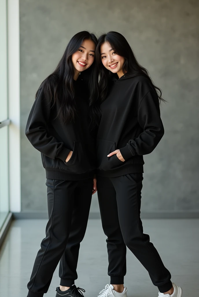 Two beautiful Korean women wearing black Hoodie wearing black pants long black hair wearing sports shoes stand in the way smile to the camera 