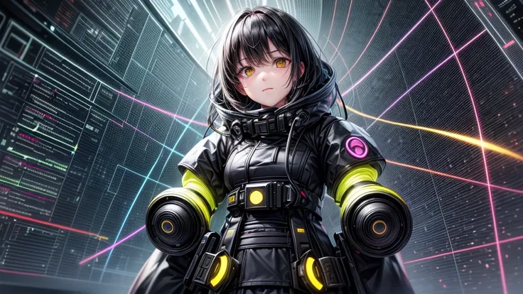 from future intelligence, technology background, complex mystery, unexpected variables, sudden result, strange things, transient waves, light fog, colorful signals, confident look, space black pioneer dress, yellow eyes, black hair