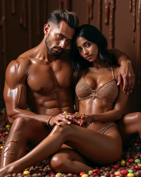 Front view, ultra-wide angle shot, framing the couples full-body pose in a room filled with rich, velvety chocolate. The 30-year-old man, sporting a quiff hairstyle and trimmed beard, sits shirtless with muscular physique, his athletic body covered in choc...