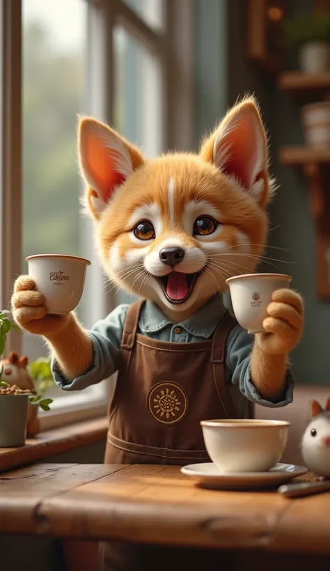 realistic image,  Customer  pertama adalah seekor dog yang  acting like a human  duduk di meja kecil, curious looking .  Kitten  menyerahkan kopi dengan gaya dramatis,  raised the cup with both hands and served it excitedly . in the background, there are s...