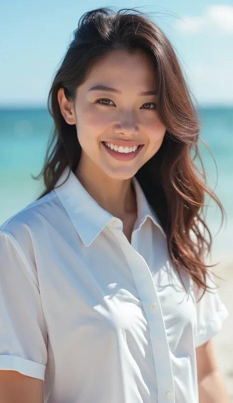 ((Highest quality、Tabletop、8k、Best image quality、Very complex and detailed))、(1 person photo:1.1)、(Look at me with your best smile:1.1)、(Beautiful Sandy Beach:1.1)、(White polyester high short sleeve collar shirt:1.1)、(The perfect short sleeve collared shir...