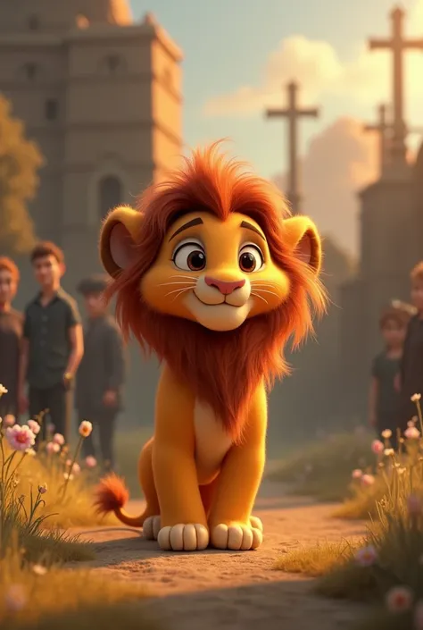 Species: A cute 3D Pixar-style lion cub

Appearance: Large, fluffy mane; expressive

Pose: He was standing on two legs near the funeral.

