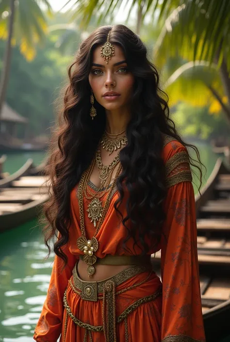  a brunette woman , Indian face ,  long curly waist length brown hair ,  Ultra realistic image, HD ,  her clothes are vintage , Years 1 .800,  wears green Indian gypsy clothes filled with gold jewelry and props, Eyes marked with green makeup  , She is stan...