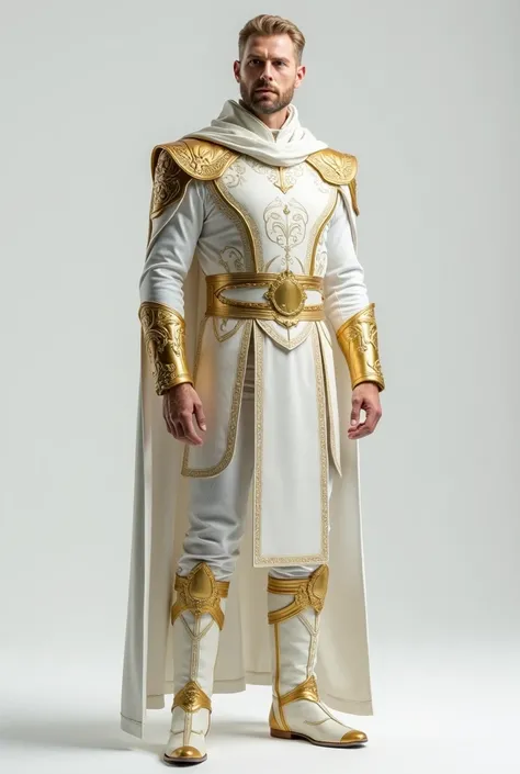 Men realistic, white and golden costume, Beautiful combination of white and gold colors,  full body, , Wonderful, amazing, realistic, highly detailed, wearing boots made of the same material , front view, light gray background  