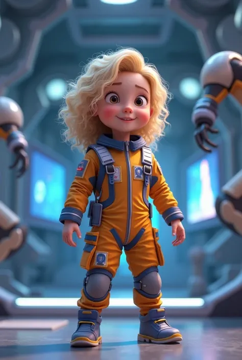 "A 3D scene of a young girl with curly blonde hair, wearing a training jumpsuit, standing in a futuristic training facility. The environment includes a spacewalk simulator, robotic arms, and screens displaying space visuals. The girl looks excited and dete...